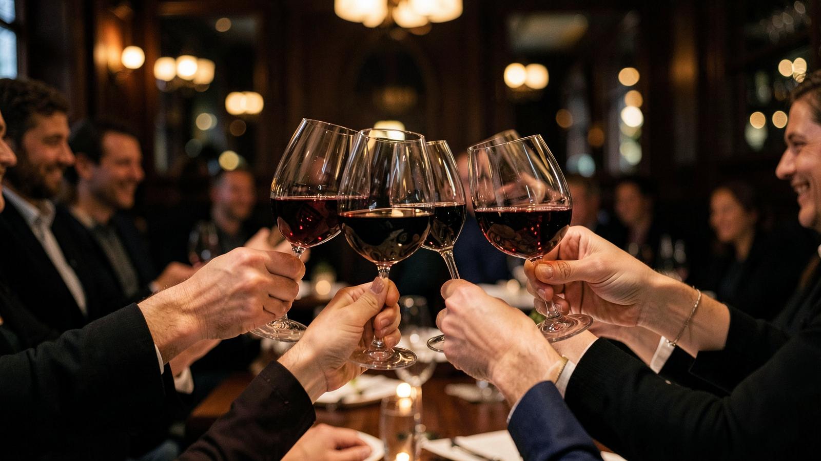 Een gezelschap proost bij Perron 18